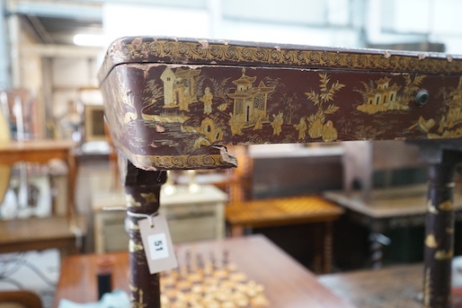 A 19th century Chinese export scarlet lacquer work table, width 62cm, depth 42cm, height 74cm